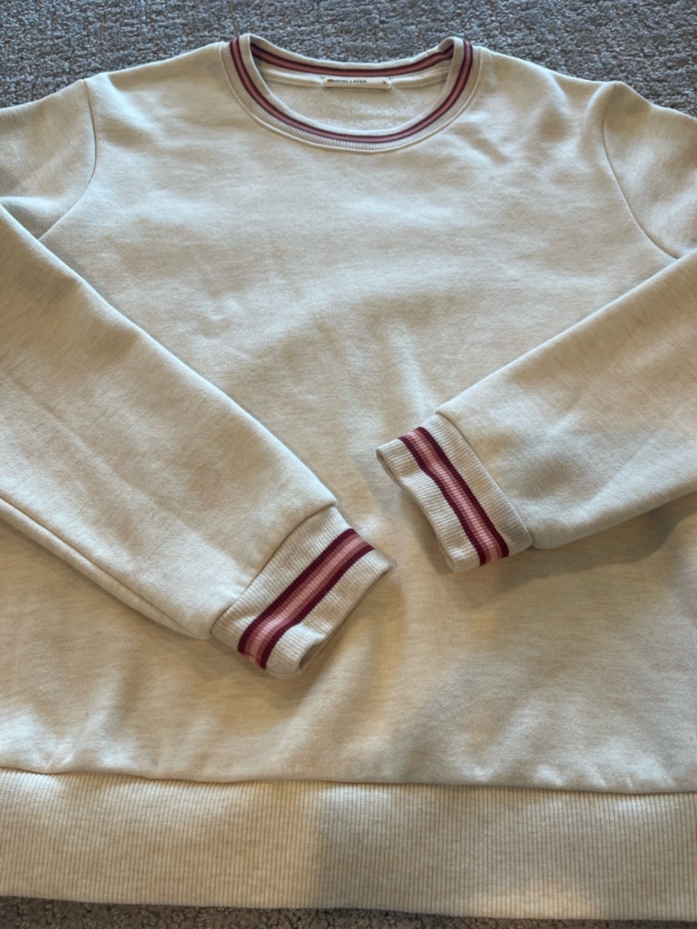 Marine Layer Oatmeal Crewneck Ringer Sweatshirt, Burgundy/Pink Trim, Pullover, S - Picture 13 of 15